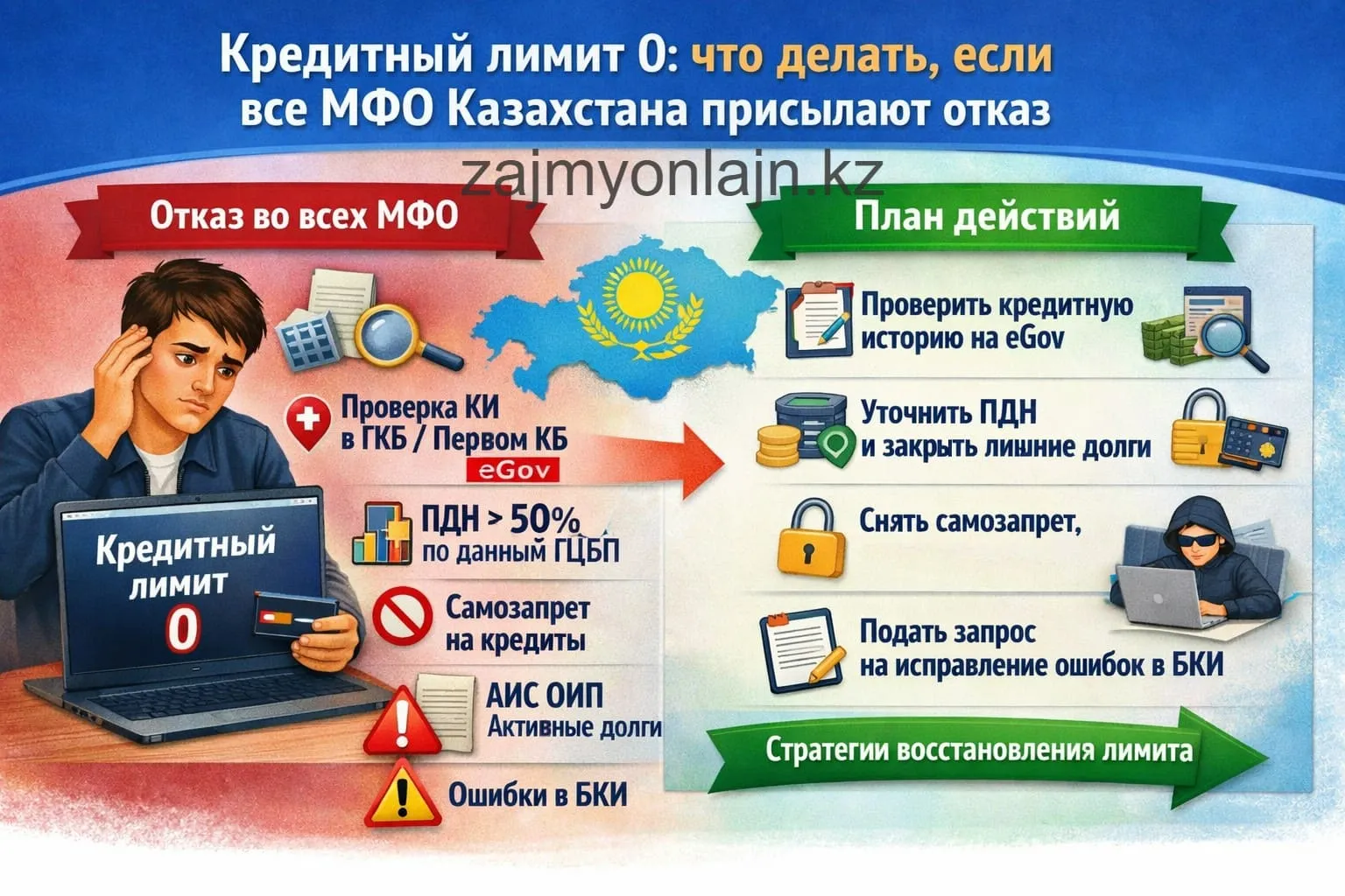 Кредитный лимит 0: что делать, если все МФО Казахстана присылают отказ (2026)